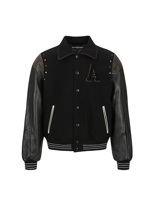 A PATCH WOOL & LEATHER VARSITY JACKET awa691m(BLACK)