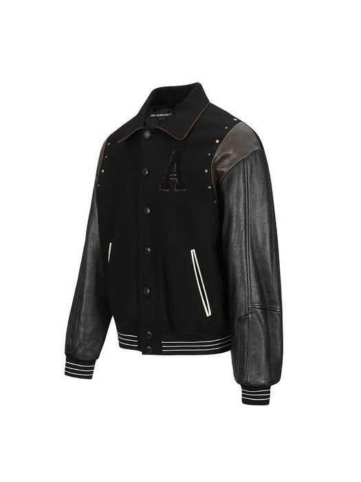 A PATCH WOOL & LEATHER VARSITY JACKET awa691m(BLACK)