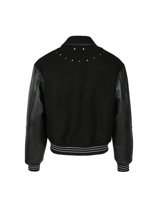 A PATCH WOOL & LEATHER VARSITY JACKET awa691m(BLACK)