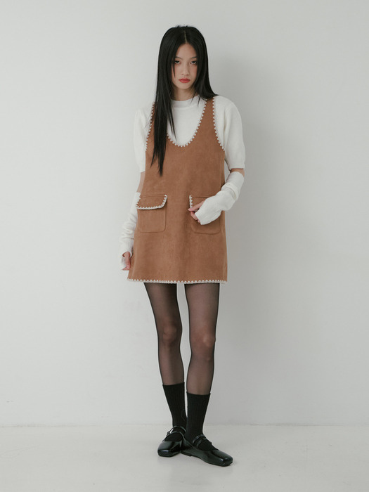 SUEDE NEEDLEWORK POCKET DRESS_CAMEL BROWN