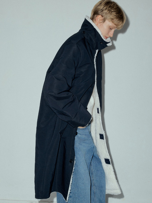 Wool Blend Shearing Mix Long Coat_CTO125(Navy)