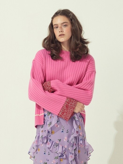 COLOR BLOCK KNIT PULLOVER - IVORY/PINK