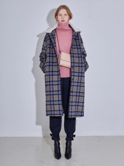 SHEARING-COLLAR SET WOOL CHECK COAT - BLUECHECK