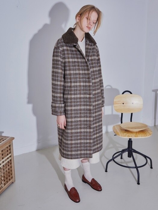 SHEARING-COLLAR SET WOOL CHECK COAT - BLUECHECK