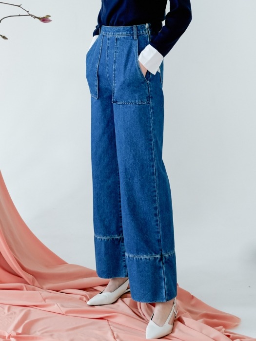 comos126 cutting wide denim pants (blue)