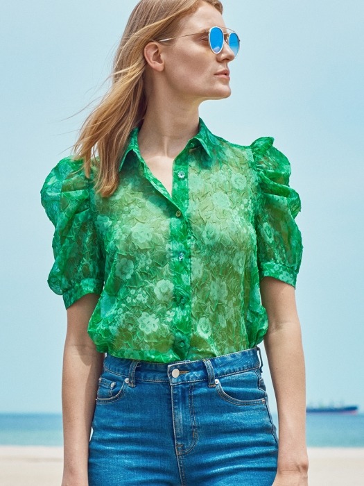 ROSE PATTERN VOLUME SLEEVE BLOUSE_GREEN