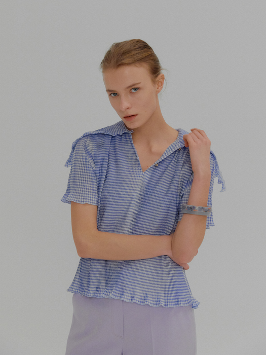MONA Blue Check Pleated Short-sleeve Top with Sailor Collar