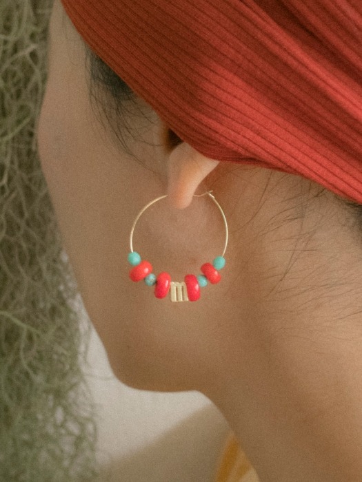 Turquoise red coral hoop earring