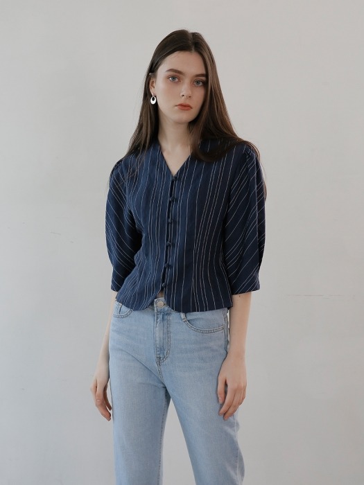 V-NECK STRIPE BLOUSE NAVY