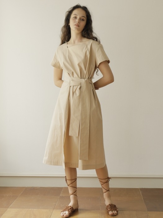 19SS SQUARE NECK COTTON DRESS /BEIGE