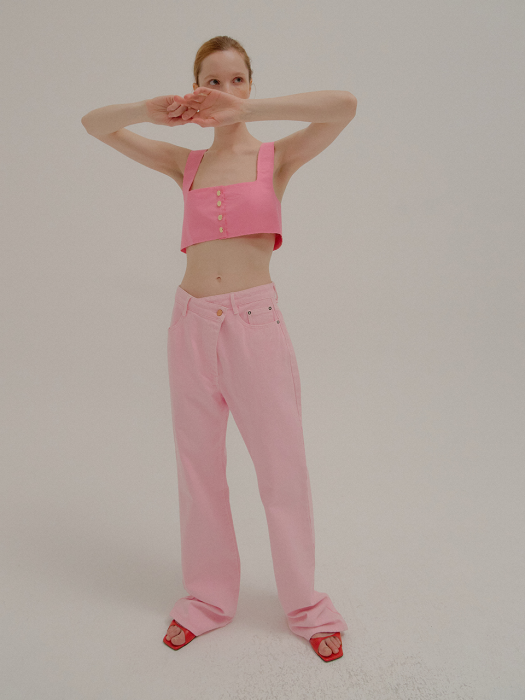 PENEVA Asymmetric Front Straight Fit Pink Denim Pants