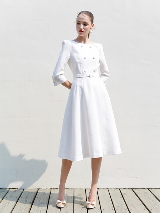 [미전시]SCARLET Boat-neck double button detail dress (Off white)