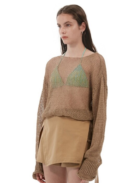 OVERSIZED FISHNET KNIT TOP, BROWN