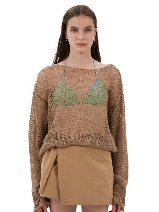 OVERSIZED FISHNET KNIT TOP, BROWN