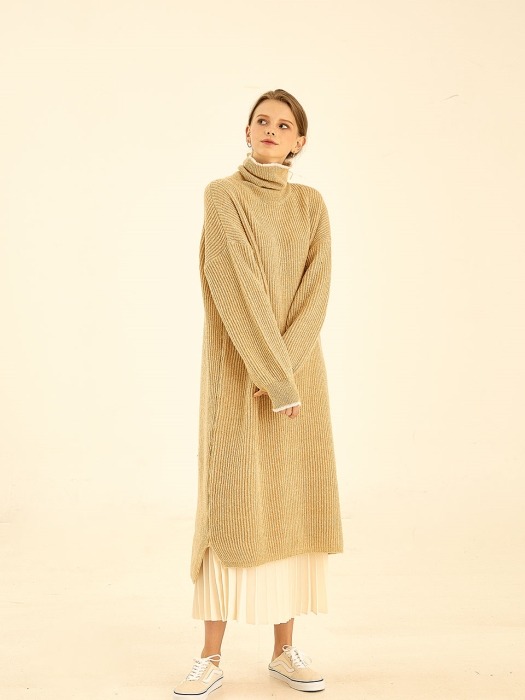 Loose turtle-neck knit dress[beige]