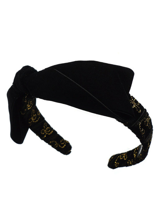 DbTs Gold Embroidery Velvet Big Ribbon Headpeice - Black