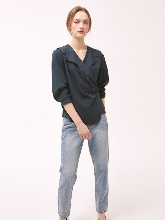 Front Collar Wrap Blouse - Navy