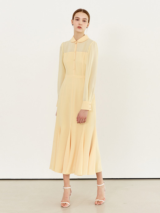 [미전시]FREESIA Tie neck sheer mesh dress (Pastel yellow)