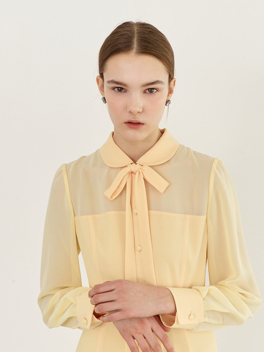 [미전시]FREESIA Tie neck sheer mesh dress (Pastel yellow)