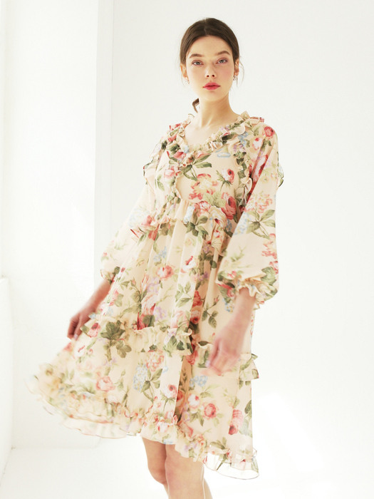 Rose garden feminine shirring dress (Vanila cream)