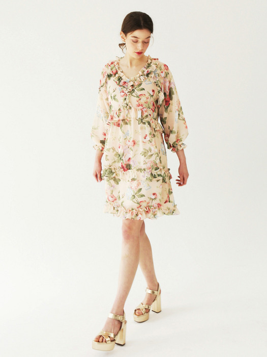 Rose garden feminine shirring dress (Vanila cream)
