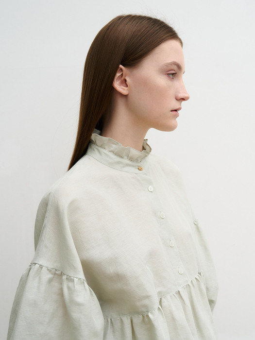 Linen ruffle neck blouse (L/khaki)