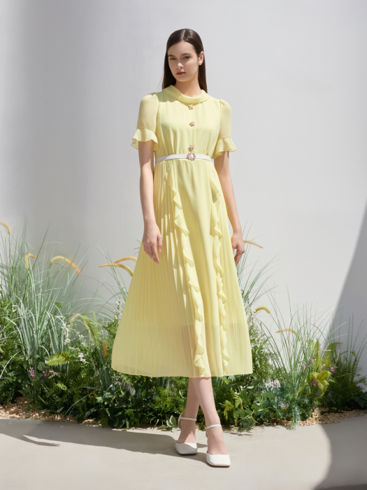 WERONIKA / Romantic Chiffon Pleats Long Dress(yellow)