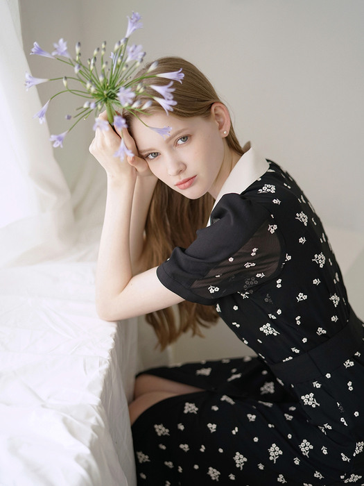 Flower Embroidery Puff Long Dress_ Black