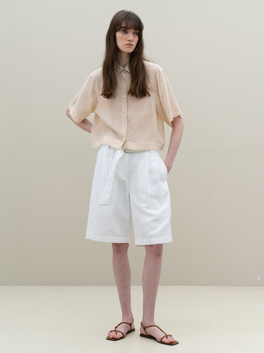 linen belt bermuda shorts (white)