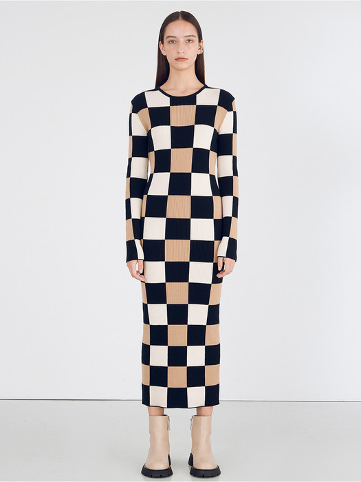Grid Knit Dress_Beige