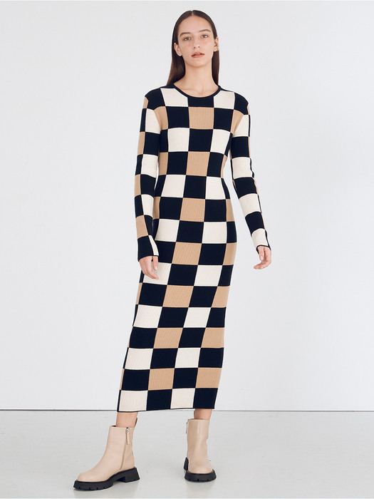 Grid Knit Dress_Beige