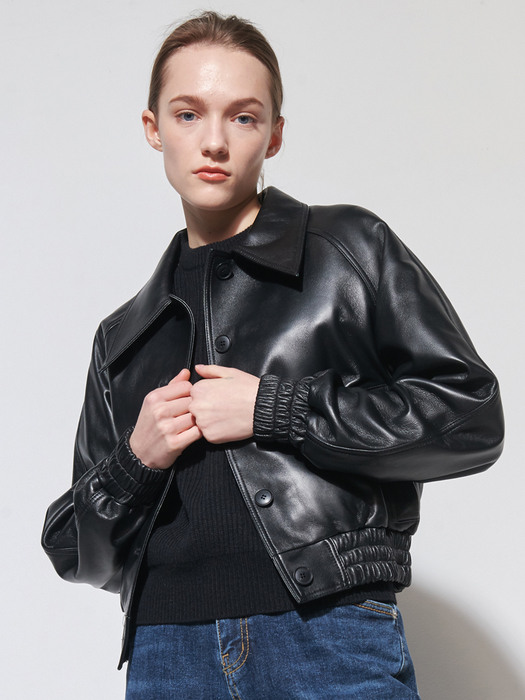 Leather wide collar blouson jacket - Black