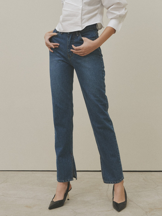 SIDE SLIT STRAIGHT DENIM PANTS [DARK BLUE]