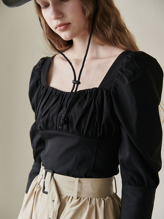 Antique shirring blouse (black)