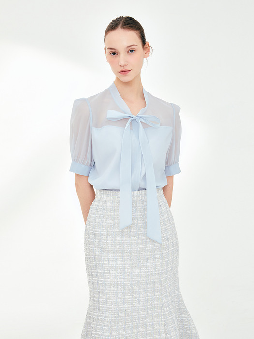 RUAH Organza tie short sleeve blouse (Soft blue)