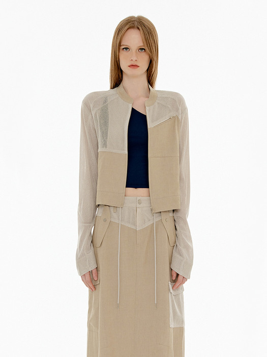 LINEN MESH BIKER JACKET - BEIGE