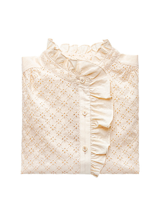Lace-Overlay Ruffle Trim Blouse [BEIGE]