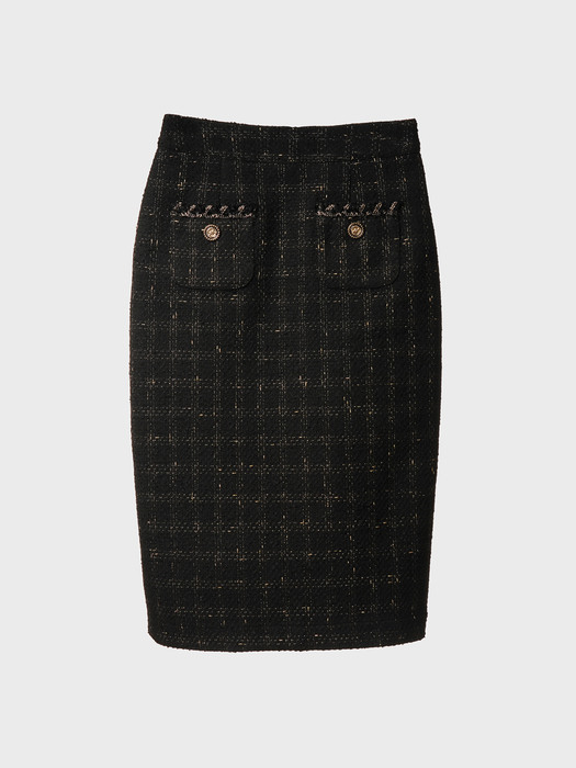 Metallic-Button Boucle Tweed Pencil Skirt_UWS-FS16