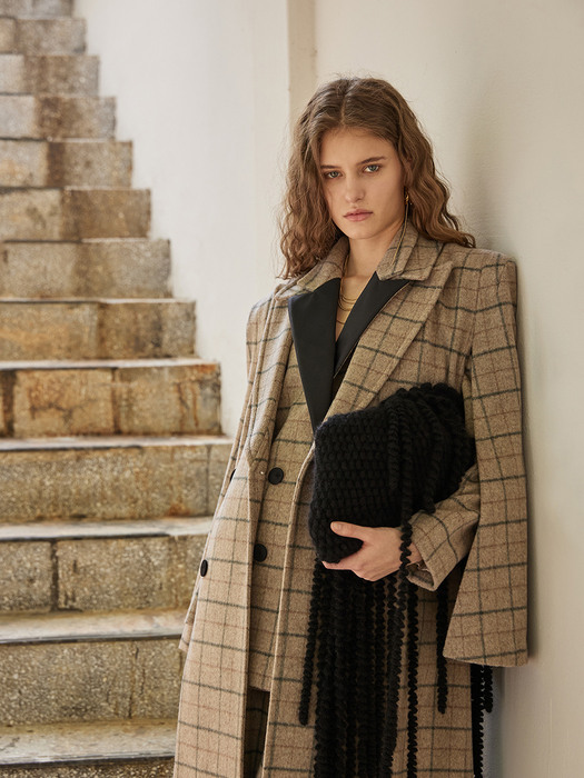 Loose Fit Cape-style Check Long Coat