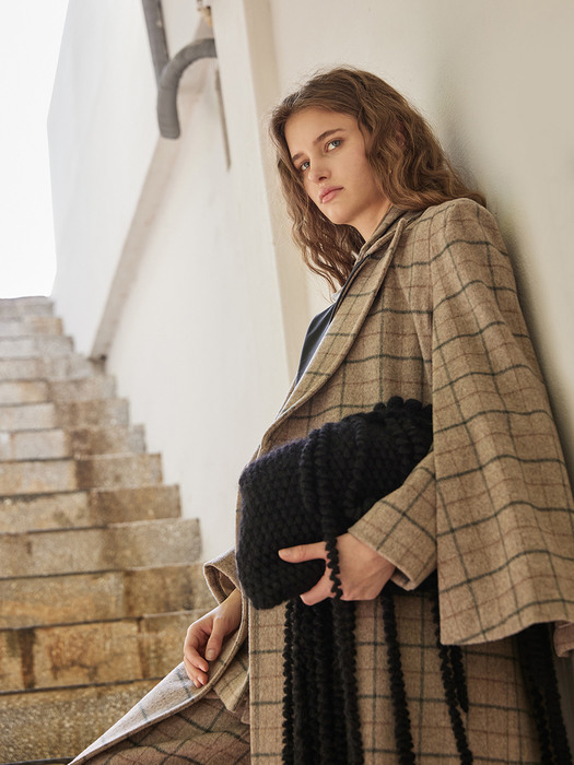 Loose Fit Cape-style Check Long Coat