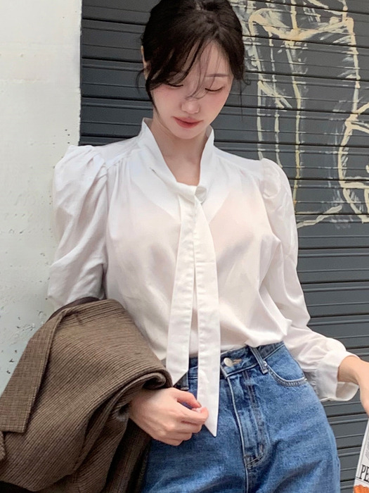 Scarf Tie Goldish Blouse - Cream Beige