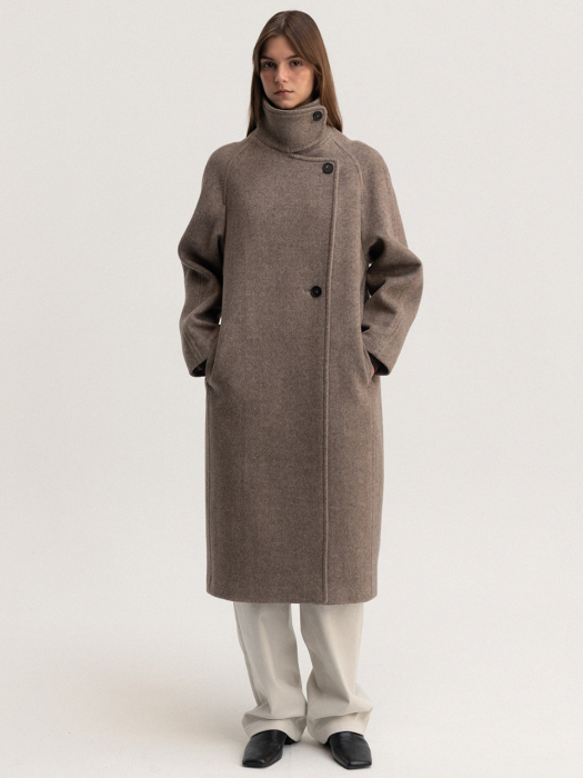 wool herringbone high-neck coat (mocha brown)