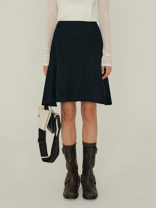22FW_Top-stitch Flare Skirt (Black Suede)