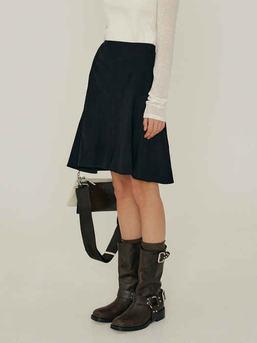 22FW_Top-stitch Flare Skirt (Black Suede)