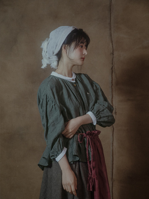 Peasant linen blouse - vintage khaki 페전트 린넨 블라우스 