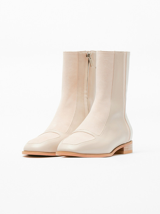 GRETA - Leather Block Ankle Boots / Pale Ivory