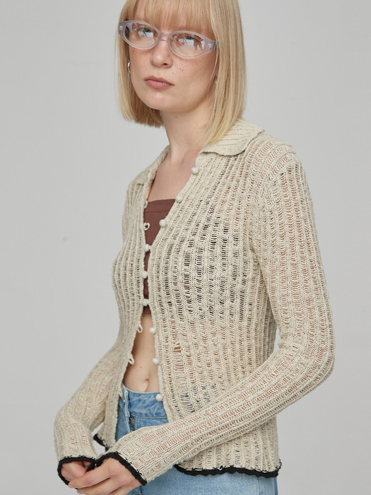 NETTED COLLAR SLIM CARDIGAN - BEIGE