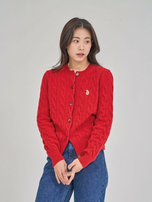 Cable Knit Color Symbol Cardigan_Red