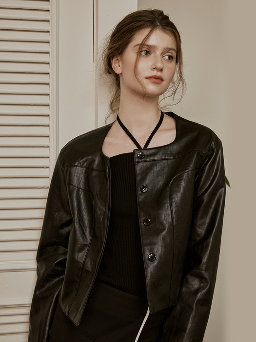 Minimal square crop leather jacket (2color)