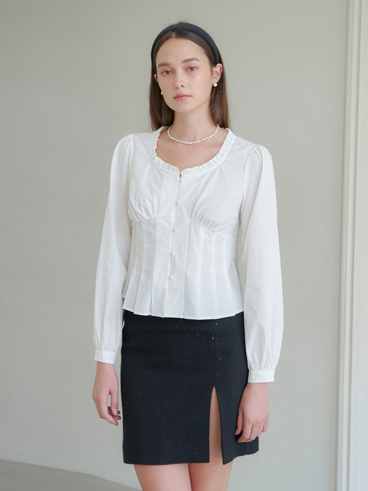 PLEATS DETAIL HEART NECK BLOUSE_WHITE